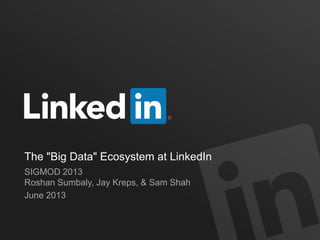 The "Big Data" Ecosystem at LinkedIn
SIGMOD 2013
Roshan Sumbaly, Jay Kreps, & Sam Shah
June 2013
 