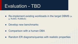Evaluation - TBD
● Re-implement existing workloads in the target DBMS (e.
g. RUBiS, RUBBoS)
● Develop new benchmarks
● Comparison with a human DBA
● Random ER diagrams/queries with realistic properties
 