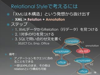    「XMLは木構造」という発想から抜け出す
     › XML := Relation + Annotation
   ステップ
     › 1. XMLデータからRelation（行データ）を見つける
     › 2. 1対多のFDを見つける
     › 3. SQLで問い合わせ文を書く company
        SELECT Co, Emp, Office                c1
                                                    annotation

                                  employee    absent
   備考：                e1
     アノテーションをクエリに含め
      ることもできる                                employee
                         office
                                NY                      e2
     一部はXMLのまま、その他は
      relationという構成も可能
                                              office
                                                       NY 19
 
