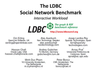 The LDBC
Social Network Benchmark
Interactive Workload
http://www.ldbcouncil.org
 