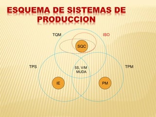 ESQUEMA DE SISTEMAS DE
PRODUCCION
TPS TPM
TQM
IE
SQC
PM
5S, V/M
MUDA
ISO
SIX SIGMA
 