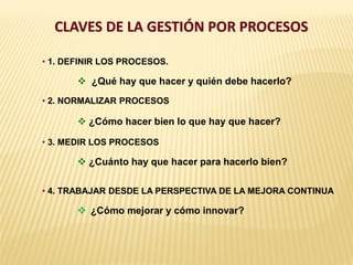 CLAVES DE LA GESTIÓN POR PROCESOS
• 1. DEFINIR LOS PROCESOS.
 ¿Qué hay que hacer y quién debe hacerlo?
• 2. NORMALIZAR PROCESOS
 ¿Cómo hacer bien lo que hay que hacer?
• 3. MEDIR LOS PROCESOS
 ¿Cuánto hay que hacer para hacerlo bien?
• 4. TRABAJAR DESDE LA PERSPECTIVA DE LA MEJORA CONTINUA
 ¿Cómo mejorar y cómo innovar?
 
