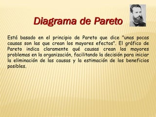 Diagrama de Pareto
Está basado en el principio de Pareto que dice "unas pocas
causas son las que crean los mayores efectos". El gráfico de
Pareto indica claramente qué causas crean los mayores
problemas en la organización, facilitando la decisión para iniciar
la eliminación de las causas y la estimación de los beneficios
posibles.
 