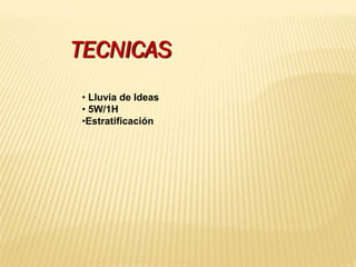 TECNICAS
• Lluvia de Ideas
• 5W/1H
•Estratificación
 