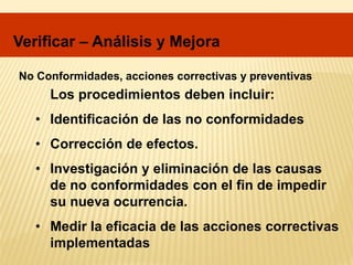 Los procedimientos deben incluir:
• Identificación de las no conformidades
• Corrección de efectos.
• Investigación y eliminación de las causas
de no conformidades con el fin de impedir
su nueva ocurrencia.
• Medir la eficacia de las acciones correctivas
implementadas
Verificar – Análisis y Mejora
No Conformidades, acciones correctivas y preventivas
 