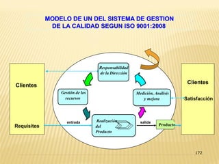 Realización
del
Producto
entrada salida
Producto
Gestión de los
recursos
Medición, Análisis
y mejora
Clientes
Responsabilidad
de la Dirección
Requisitos
Satisfacción
MODELO DE UN DEL SISTEMA DE GESTION
DE LA CALIDAD SEGUN ISO 9001:2008
Clientes
172
 