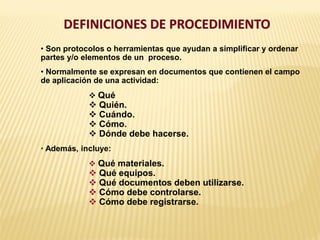 DEFINICIONES DE PROCEDIMIENTO
• Son protocolos o herramientas que ayudan a simplificar y ordenar
partes y/o elementos de un proceso.
• Normalmente se expresan en documentos que contienen el campo
de aplicación de una actividad:
 Qué
 Quién.
 Cuándo.
 Cómo.
 Dónde debe hacerse.
• Además, incluye:
 Qué materiales.
 Qué equipos.
 Qué documentos deben utilizarse.
 Cómo debe controlarse.
 Cómo debe registrarse.
 