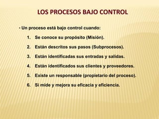 LOS PROCESOS BAJO CONTROL
• Un proceso está bajo control cuando:
1. Se conoce su propósito (Misión).
2. Están descritos sus pasos (Subprocesos).
3. Están identificadas sus entradas y salidas.
4. Están identificados sus clientes y proveedores.
5. Existe un responsable (propietario del proceso).
6. Si mide y mejora su eficacia y eficiencia.
 