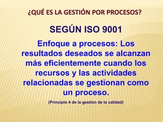 ¿QUÉ ES LA GESTIÓN POR PROCESOS?
SEGÚN ISO 9001
Enfoque a procesos: Los
resultados deseados se alcanzan
más eficientemente cuando los
recursos y las actividades
relacionadas se gestionan como
un proceso.
(Principio 4 de la gestión de la calidad)
 