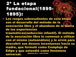 2º La etapa
fundacional(18951895 ):

• Los rasgos sobresalientes de esta etapa
son el desarrollo del método de la
asociación libre y el abandono de la teoría
de las experiencias
traumáticas(seducción infantil). El método
de la asociación libre lo comenzó a utilizar
con el mismo (autoanálisis) y le sirvió para
descubrir sus deseos incestuosos hacia su
madre, que formuló como Complejo de
Edipo y que extendió como fenómeno
Apuntes de J. Luis Prieto
universal.

 