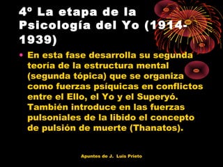 4º La etapa de la
Psicología del Yo (19141939)
• En esta fase desarrolla su segunda
teoría de la estructura mental
(segunda tópica) que se organiza
como fuerzas psíquicas en conflictos
entre el Ello, el Yo y el Superyó.
También introduce en las fuerzas
pulsoniales de la libido el concepto
de pulsión de muerte (Thanatos).
Apuntes de J. Luis Prieto

 