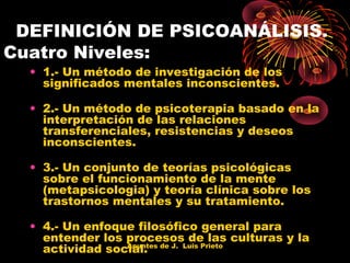   DEFINICIÓN DE PSICOANÁLISIS.
Cuatro Niveles:

• 1.- Un método de investigación de los
significados mentales inconscientes.
• 2.- Un método de psicoterapia basado en la
interpretación de las relaciones
transferenciales, resistencias y deseos
inconscientes.
• 3.- Un conjunto de teorías psicológicas
sobre el funcionamiento de la mente
(metapsicologia) y teoría clínica sobre los
trastornos mentales y su tratamiento.
• 4.- Un enfoque filosófico general para
entender los procesos de las culturas y la
Apuntes
actividad social. de J. Luis Prieto

 