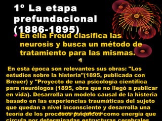 1º La etapa
prefundacional
(1886-1895)

• En ella Freud clasifica las
neurosis y busca un método de
tratamiento para las mismas.
En esta época son relevantes sus obras: "Los
estudios sobre la histeria"(1895, publicada con
Breuer) y "Proyecto de una psicología científica
para neurólogos (1895, obra que no llegó a publicar
en vida). Desarrolla un modelo causal de la histeria
basado en las experiencias traumáticas del sujeto
que quedan a nivel inconsciente y desarrolla una
Apuntes de J. Luis Prieto
teoría de los procesos psíquicos como energía que

 