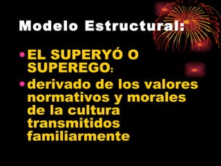 Modelo Estructural:

• EL SUPERYÓ O
  SUPEREGO:
• derivado de los valores
  normativos y morales
  de la cultura
  transmitidos
  familiarmente
 