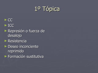 1º Tópica CC ICC Represión o fuerza de desalojo Resistencia  Deseo inconciente reprimido  Formación sustitutiva 