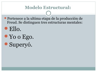 Modelo Estructural:
Pertenece a la ultima etapa de la producción de
Freud. Se distinguen tres estructuras mentales:
Ello.
Yo o Ego.
Superyó.
 