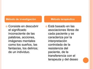 Método de investigación             Método terapéutico

   Consiste en descubrir         Está basado en las
    el significado                 asociaciones libres de
    inconsciente de las            cada paciente y se
    palabras, acciones,            caracteriza por la
    imágenes mentales              interpretación
    como los sueños, las           controlada de la
    fantasías, los delirios;       resistencia del
    de un individuo.               paciente, de la
                                   transferencia con el
                                   terapeuta y del deseo
 