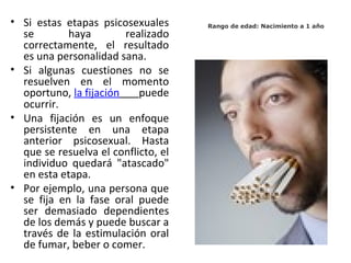 • Si estas etapas psicosexuales      Rango de edad: Nacimiento a 1 año
  se        haya        realizado
  correctamente, el resultado
  es una personalidad sana.
• Si algunas cuestiones no se
  resuelven en el momento
  oportuno, la fijación    puede
  ocurrir.
• Una fijación es un enfoque
  persistente en una etapa
  anterior psicosexual. Hasta
  que se resuelva el conflicto, el
  individuo quedará "atascado"
  en esta etapa.
• Por ejemplo, una persona que
  se fija en la fase oral puede
  ser demasiado dependientes
  de los demás y puede buscar a
  través de la estimulación oral
  de fumar, beber o comer.
 