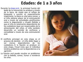 Edades: de 1 a 3 años
Durante la etapa oral , la principal fuente del
   bebé de la interacción se produce a través
   de la boca, de modo que el reflejo de
   búsqueda y succión es especialmente
   importante. La boca es vital para comer, y
   el niño obtiene placer de la estimulación
   oral a través de actividades gratificantes
   como la degustación y chupar. Debido a
   que el niño es totalmente dependiente de
   los cuidadores (que son responsables de la
   alimentación del niño), el niño también
   desarrolla un sentido de confianza y
   comodidad a través de esta estimulación
   oral.

El conflicto principal en esta etapa es el
    proceso de destete - el niño debe llegar a
    ser menos dependientes de los
    cuidadores. Si la fijación se produce en
    esta etapa, Freud creía que el individuo
    tendría problemas con la dependencia o la
    agresión.
La fijación oral puede resultar en problemas
    con la bebida, comer, fumar o morderse
    las uñas.
 