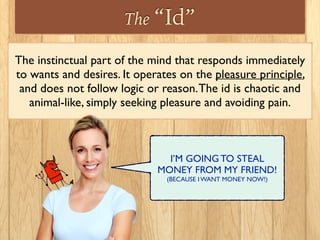 The “Id”
The instinctual part of the mind that responds immediately
to wants and desires. It operates on the pleasure principle,
and does not follow logic or reason.The id is chaotic and
animal-like, simply seeking pleasure and avoiding pain.
I’M GOING TO STEAL
MONEY FROM MY FRIEND!	

(BECAUSE I WANT MONEY NOW!)
 