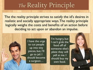 The Reality Principle
The the reality principle strives to satisfy the id's desires in
realistic and socially appropriate ways.The reality principle
logically weighs the costs and beneﬁts of an action before
deciding to act upon or abandon an impulse.
I’m hungry, but
I can’t grab the
food off of
someone else’s
plate: they will
yell at me. I
should buy my
own food.
I have the urge
to cut people
up into tiny
pieces, but, I’ll
go to jail. I
should become
a surgeon…
 
