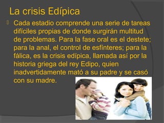 La crisis Edípica
 Cada estadio comprende una serie de tareas
difíciles propias de donde surgirán multitud
de problemas. Para la fase oral es el destete;
para la anal, el control de esfínteres; para la
fálica, es la crisis edípica, llamada así por la
historia griega del rey Edipo, quien
inadvertidamente mató a su padre y se casó
con su madre.
 
