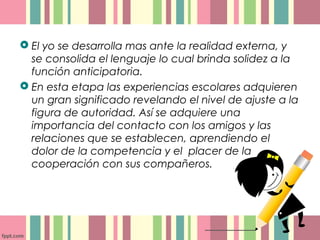  El yo se desarrolla mas ante la realidad externa, y
se consolida el lenguaje lo cual brinda solidez a la
función anticipatoria.
 En esta etapa las experiencias escolares adquieren
un gran significado revelando el nivel de ajuste a la
figura de autoridad. Así se adquiere una
importancia del contacto con los amigos y las
relaciones que se establecen, aprendiendo el
dolor de la competencia y el placer de la
cooperación con sus compañeros.
 