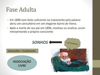 Fase Adulta
• Em 1890 com êxito suficiente no tratamento pela palavra
abriu um consultório em um elegante bairro de Viena.
• Após a morte de seu pai em 1896, resolveu se analisar, assim
interpretando o próprio consciente
Autoanálise = fundamental
SONHOS
ASSOCIAÇÃO
LIVRE
 