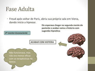 Fase Adulta
• Freud após voltar de Paris, abriu sua própria sala em Viena,
dando inicio a hipnose.
Ele esperava chegar na segunda mente do
paciente e acabar coma a histeria com
sugestão hipnótica
ACABAR COM HISTERIA
Não funcionava, mas
não era menos eficaz
com as terapêuticas da
época.
2ª mente=inconsciente
 