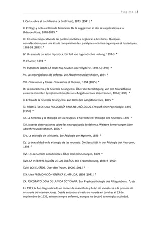 Página |3


I. Carta sobre el bachillerato (a Emil Fluss), 1873 [1941] *

II. Prólogo y notas al libro de Bernheim. De la suggestion et des ses applications a la
thérapeutique, 1888-1889 *

III. Estudio comparativo de las parálisis motrices orgánicas e histéricas. Quelques
considérations pour une étude comparative des paralysies motrices organiques et hysteriques,
1888-93 [1893] *

IV. Un caso de curación hipnótica. Ein Fall von hypnotischer Heilung, 1892-3 *

V. Charcot, 1893 *

VI. ESTUDIOS SOBRE LA HISTERIA. Studien über Hysterie, 1893-5 [1895] *

VII. Las neuropsicosis de defensa. Die Abwehrneuropsychosen, 1894 *

VIII. Obsesiones y fobias. Obsessions et Phobies, 1894 [1895] *

IX. La neurastenia y la neurosis de angustia. Über die Berechtigung, von der Neurasthenie
einen bestimmten Symptomenkomplex als «Angstneurose» abzutrennen, 1894 [1895] *

X. Crítica de la neurosis de angustia. Zur Kritik der «Angstneurose», 1895 *

XI. PROYECTO DE UNA PSICOLOGÍA PARA NEURÓLOGOS. Entwurf einer Psychologie, 1895
[1950] *

XII. La herencia y la etiología de las neurosis. L'héredité et l'étiologie des neuroses, 1896 *

XIII. Nuevas observaciones sobre las neuropsicosis de defensa. Weitere Bemerkungen über
Abwehrneuropsychosen, 1896 *

XIV. La etiología de la histeria. Zur Ätiologie der Hysterie, 1896 *

XV. La sexualidad en la etiología de las neurosis. Die Sexualität in der Ätiologie der Neurosen,
1898 *

XVI. Los recuerdos encubridores. Über Deckerinnerungen, 1899 *

XVII. LA INTERPRETACIÓN DE LOS SUEÑOS. Die Traumdeutung, 1898-9 [1900]

XVIII. LOS SUEÑOS. Über den Traum, 1900 [1901] *

XIX. UNA PREMONICIÓN ONÍRICA CUMPLIDA, 1899 [1941] *

XX. PSICOPATOLOGÍA DE LA VIDA COTIDIANA. Zur Psychopathologie des Alltagslebens. *, etc

En 1923, le fue diagnosticado un cáncer de mandíbula y hubo de someterse a la primera de
una serie de intervenciones. Desde entonces y hasta su muerte en Londres el 23 de
septiembre de 1939, estuvo siempre enfermo, aunque no decayó su enérgica actividad.
 