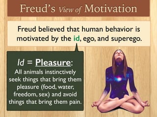 Freud’s View of Motivation
Freud believed that human behavior is
motivated by the id, ego, and superego.
Id = Pleasure:
All animals instinctively
seek things that bring them
pleasure (food, water,
freedom, sex) and avoid
things that bring them pain.
 
