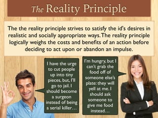 The Reality Principle
The the reality principle strives to satisfy the id's desires in
realistic and socially appropriate ways.The reality principle
logically weighs the costs and beneﬁts of an action before
deciding to act upon or abandon an impulse.
I’m hungry, but I
can’t grab the
food off of
someone else’s
plate: they will
yell at me. I
should ask
someone to
give me food
instead…
I have the urge
to cut people
up into tiny
pieces, but, I’ll
go to jail. I
should become
a surgeon
instead of being
a serial killer…
 