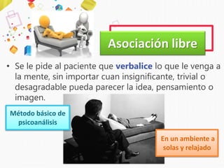 • Se le pide al paciente que verbalice lo que le venga a
la mente, sin importar cuan insignificante, trivial o
desagradable pueda parecer la idea, pensamiento o
imagen.
Asociación libre
En un ambiente a
solas y relajado
Método básico de
psicoanálisis
 