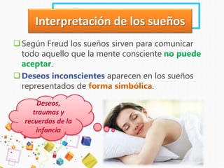 Según Freud los sueños sirven para comunicar
todo aquello que la mente consciente no puede
aceptar.
Deseos inconscientes aparecen en los sueños
representados de forma simbólica.
Interpretación de los sueños
Deseos,
traumas y
recuerdos de la
infancia
 