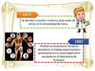 Se decidió a estudiar medicina justo antes de
entrar en la Universidad de Viena.
1873
Finalizó su licenciatura. No quiso
abandonar el trabajo experimental y
permaneció en la universidad como
ayudante en el laboratorio de
fisiología.
1881
 