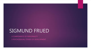 SIGMUND FRUED
• 3 COMPONENTS OF PERSONALITY
• 5 PSYCHOSEXUAL STAGES OF DEVELOPMENT
 