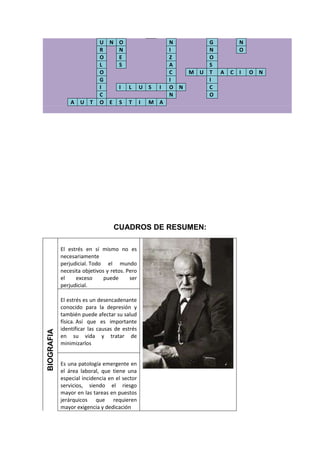 U N O                        N       G         N
                            R   N                        I       N         O
                            O   E                        Z       O
                            L   S                        A       S
                            O                            C   M U T   A   C I   O N
                            G                            I       I
                            I   I L            U S   I   O N     C
                            C                            N       O
                A   U T     O E S T            I   M A




                                  CUADROS DE RESUMEN:

            El estrés en sí mismo no es
            necesariamente
            perjudicial. Todo el mundo
            necesita objetivos y retos. Pero
            el    exceso      puede      ser
            perjudicial.

            El estrés es un desencadenante
            conocido para la depresión y
            también puede afectar su salud
            física. Así que es importante
            identificar las causas de estrés
BIOGRAFIA




            en su vida y tratar de
            minimizarlos


            Es una patología emergente en
            el área laboral, que tiene una
            especial incidencia en el sector
            servicios, siendo el riesgo
            mayor en las tareas en puestos
            jerárquicos que requieren
            mayor exigencia y dedicación
 