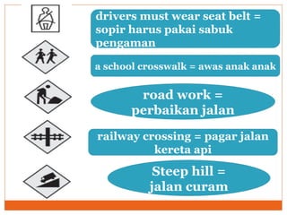 drivers must wear seat belt = sopir harus pakai sabuk pengaman a school crosswalk = awas anak anak road work = perbaikan jalan railway crossing = pagar jalan kereta api Steep hill = jalan curam 