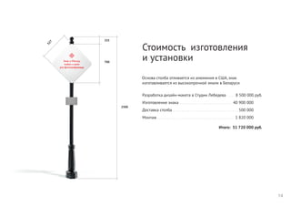 Основа столба отливается из алюминия в США, знак
изготавливается из высокопрочной эмали в Беларуси
Стоимость изготовления
и установки
Разработка дизайн-макета в Студии Лебедева . . . 8 500 000 руб.
Изготовление знака . . . . . . . . . . . . . . . . . . . . . . . . . . 40 900 000
Доставка столба. . . . . . . . . . . . . . . . . . . . . . . . . . . . . . . . . 500 000
Монтаж . . . . . . . . . . . . . . . . . . . . . . . . . . . . . . . . . . . . . . 1 820 000
Итого: 51 720 000 руб.
14
 