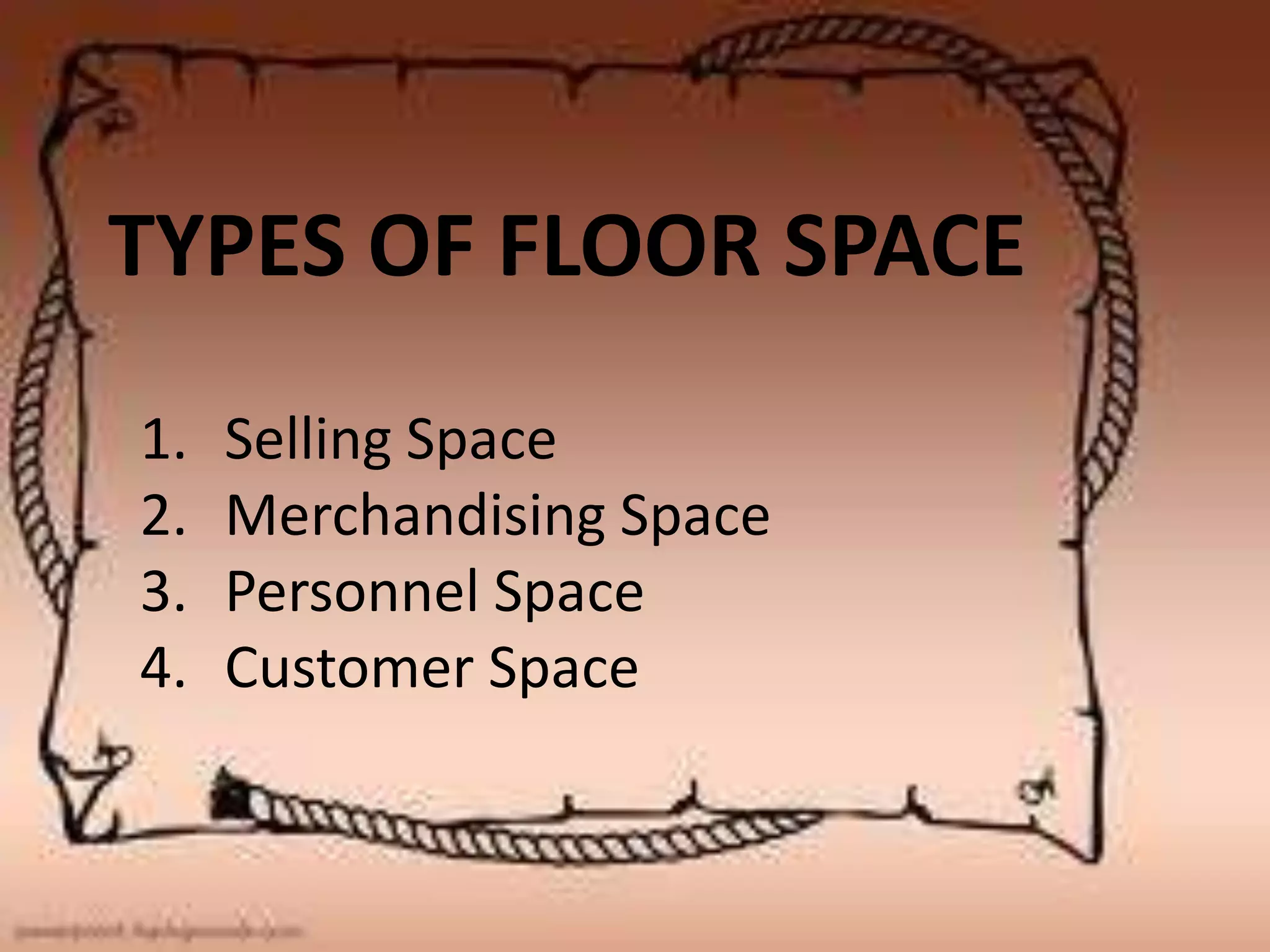 1. Selling Space
2. Merchandising Space
3. Personnel Space
4. Customer Space
TYPES OF FLOOR SPACE
 