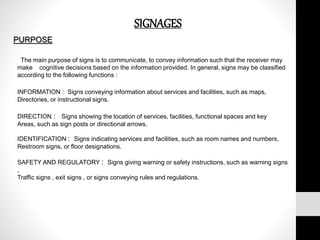 The main purpose of signs is to communicate, to convey information such that the receiver may
make cognitive decisions based on the information provided. In general, signs may be classified
according to the following functions :
INFORMATION : Signs conveying information about services and facilities, such as maps,
Directories, or instructional signs.
DIRECTION : Signs showing the location of services, facilities, functional spaces and key
Areas, such as sign posts or directional arrows.
IDENTIFICATION : Signs indicating services and facilities, such as room names and numbers,
Restroom signs, or floor designations.
SAFETY AND REGULATORY : Signs giving warning or safety instructions, such as warning signs
,
Traffic signs , exit signs , or signs conveying rules and regulations.
SIGNAGES
PURPOSE
 