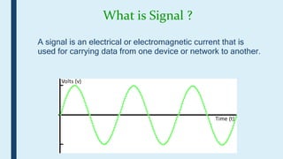 What is Signal ?
A signal is an electrical or electromagnetic current that is
used for carrying data from one device or network to another.
 