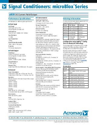 Tel 248-295-0880 ■ Fax 248-624-9234 ■ sales@acromag.com ■ www.acromag.com ■ 30765 Wixom Rd, Wixom, MI 48393 USA
Signal Conditioners: microBlox
TM
Series
uB39 DC Current Field Output
Performance Specifications
See Backpanels for additional system specifications.
■ Host Input
Host Range
Fixed ranges: ±5V or 0-5V.
User-configurable -B models: ±5V.
A/D Resolution
16-bit A/D. ±5V: 1/58886. 0-5V: 1/29442.
Input Resistance
111.4KΩ.
Input Sample Rate
1200sps.
Normal Mode (Bandwidth)
100Hz. -3dB at 110Hz typical.
Protection
TVS & diode clamps built-in.
■ Field Output
Field Range
0-20mA or 4-20mA DC, per model.
User-configurable -B models: 0-20mA.
D/A Resolution
4-20mA: 1/47395. 0-20mA: 1/59244.
Output Maximum
21.5mA, typical.
Response Time
Output Step 0-98% into 250Ω load in 7ms, typical.
■ General
Power Consumption
Output 0mA: 0.18W max. or 35mA max. from +5V.
Output 20mA: 0.59W max. or 117mA max. from +5V.
Resolution
Effective resolution is the least of input (A/D) or output
(D/A) resolution.
uB39-01: 1/29442.
uB39-02: 1/47395.
uB39-03: 1/59244.
uB39-04: 1/59244.
Accuracy
Better than ±0.1%. 0.05% typical.
-CG models: Better than ±0.125%. 0.075% typical.
Non-Linearity
Better than ±0.05%, typical.
Noise
Less than 0.08% of span p-p, rms.
Ambient Effect
Less than ±80ppm/°C.
Common Mode Rejection
100dB typical, 50-60Hz.
Dimensions
Height: 1.380” with connectors. 0.970” without.
Width: 0.425”. Length: 1.425”.
■ Environmental
Operating Temperature
-40 to 80°C (-40° to 176°F).
-CG models: 0 to 55°C (32 to 131°F).
Storage Temperature
-40 to 85°C (-40° to 185°F).
Relative Humidity
0 to 95% non-condensing.
Power Requirement
5V powered.10-32V power optional
(requires uBDC-1 power module & backpanel.)
Safety Isolation
Field channels are individually isolated field channel-
to-field channel and from the field to the host I/O
bus (host group includes 5V power) for common-
mode voltages up to 250V AC, or 354V DC off DC
power ground, on a continuous basis (will withstand
1500VAC HIPOT/dielectric strength test for one
minute without breakdown). This complies with test
requirements of ANSI/ISA-82.01-1988 for voltage
rating specified.
Shock and Vibration Immunity
Conforms to:
IEC 60068-2-6: 10-500 Hz, 4G, 2 hours/axis, for
sinusoidal vibration.
IEC 60068-2-64: 10-500 Hz, 4G-rms, 2 hours/axis , for
random vibration.
EC 60068-2-27: 25G, 11ms half-sine, 18 shocks at 6
orientations, for mechanical shock.
Electromagnetic Compatibility (EMC) Compliance
Minimum immunity per BS EN 61000-6-1 (2007):
CE marked, per EMC Directive 2004/108/EC.
Electrostatic Discharge Immunity (ESD),
per IEC 61000-4-2.
Radiated Field Immunity (RFI), per IEC 61000-4-4.
Electrical Fast Transient Immunity (EFT),
per IEC 61000-4-4.
Surge Immunity, per IEC 61000-4-5. Conducted RF
Immunity (CRFI), per IEC 61000-4-6.
Emissions
Class B product with emissions per BS EN 61000-6-3
(2007+A1:2011): enclosure port, per CISPR 16.
Low voltage AC mains port, per CISPR 16.
Approvals
CE compliant. RoHS Compliant.
UL/cUL Class 1, Division 2, Groups ABCD.
ATEX Zone 2. No UL or ATEX on -CG models.
Ordering Information
To order commercial grade modules append with -CG
(except -B models) e.g., uB39-01-CG.
Model Field Output Host Input
uB39-01 4mA to 20mA DC 0-5V DC
uB39-02 4mA to 20mA DC ±5V DC
uB39-03 0 to 20mA DC 0-5V DC
uB39-04 0 to 20mA DC ±5V DC
uB39-B Configurable
0 to 20mA
Configurable
±5V
Configuration using AgilityTM
Config.
Tool via Bluetooth technology
The Acromag Agility™ configuration tool is a mobile
application that allows easy setup, calibration, and
reconfiguration of microBlox™ I/O modules.
Bluetooth wireless technolgy microBlox™ modules
(-B models) allow their input and output ranges to be
wirelessly reconfigured and calibrated using a smart
phone or tablet. This mobile app. supports smart
devices with Android 4.3 or later or iOS 5.0 or later.
You can download the Agility application free of
charge from the Google PlayTM
store at play.google.
com (Android), or the Apple®
App Store®
at
itunes.apple.com (Apple iOS).
Accessories
Model Description
uBDC1 Non-isolated, 10-32V: 5V/1A power
supply
uB04 4 channel panel, surface mount
uB04D 4 channel panel, DIN rail mount
uB08 8 channel panel, surface mount
uB08D 8 channel panel, DIN rail mount
uB16 16 channel panel, surface mount
uB16D 16 channel panel, DIN rail mount
The Bluetooth®
word mark and logos are registered trademarks owned by the Bluetooth SIG, Inc. and any use of such marks by Acromag is under license other trademarks are property of their respective owners.
Copyright © Acromag, Inc. 2016. Data subject to change without notice. Printed in USA 5/2016
 