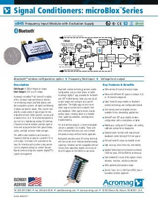 Tel 248-295-0880 ■ Fax 248-624-9234 ■ sales@acromag.com ■ www.acromag.com ■ 30765 Wixom Rd, Wixom, MI 48393 USA
Signal Conditioners: microBlox
TM
Series
Bulletin #8400-871
Description
Field Input: 0-50kHz frequency ranges
Host Output: 0-5V or ±5V ranges
Acromag’s microBlox™ uB Series I/O modules
offer a compact, high-performance solution
for interfacing sensors and field devices with
data acquisition systems. uB signal conditioning
modules are ideal to isolate, filter, convert and
amplify a wide variety of signal types for test,
measurement and control systems. Just plug uB
modules into 4, 8, or 16-channel backpanels in
any mix for a high-density analog I/O interface.
Channel-to-channel isolation provides optimal
noise and surge protection from ground loops,
spikes, and high common mode voltages.
The uB45 model conditions and converts a
frequency field input signal to a scaled 0-5V or
±5V output. It includes a 5V excitation at the
input for interface pull-up when using sensors
such as magnetic pickups or contact closures.
Bipolar (zero-crossing) and unipolar (digital/TTL)
signals are supported.
Bluetooth wireless technology versions enable
configuration using a smart phone or tablet.
Acromag’s AgilityTM
app, available for AndroidTM
and iOS®
mobile devices, helps you vary input/
output ranges and scaling to your specific
application. The Agility app can also set an
alarm output function with a setpoint limit
and deadband. Other app functions include
polling inputs, trending values in a sharable
chart, updating calibration, and diagnostic
troubleshooting.
For cost-sensitive projects, a commercial-grade
version is available (-CG models). These units
offer similar performance, but over a limited
temperature range and lack hazloc approvals.
Backpanels provide power, I/O wiring terminals,
and host access to an industry-standard analog
signal bus. Modules are hot-swappable without
screws. Data acquisition boards can access all
host I/O signals on the DB25 bus connector.
Key Features & Benefits
■ Wide variety of input and output ranges
■ Mixes with different I/O types on compact 4, 8,
or 16 channel backpanels
■ Select fixed I/O range models or Bluetooth
wireless technology user-configurable models
■ Cost-saving commercial-grade versions
available for less demanding applications
■ Android®
and iOS®
apps simplify wireless
configuration with a smartphone or tablet
■ Mobile app. configures I/O ranges, sets scaling,
calibrates and performs diagnostics
■ Optional alarm function with setpoint and
deadband control driving 0/5V host output
■ Poll and trend I/O values to sharable charts
■ High accuracy, noise immunity, and stability
■ Isolated field-to-host and channel-to-channel
(1500Vac peak, 250Vac/354Vdc continuous)
■ Over-molded I/O circuits offer superior shock,
vibration, moisture, and dust protection.
■ Wide operating temperature range
■ UL/cUL Class I, Div 2, ABCD and ATEX Zone 2
hazardous location approvals
Bluetooth®
wireless configuration option ◆ Frequency field input ◆ Voltage host output
uB45 Frequency Input Module with Excitation Supply
FREQUENCY INPUT
+
UNIPOLAR
(TTL, 85Vpk)
5V, 11mA
INPUT
HOST
32-BIT
MICRO
FIELD
F-
F+
EXC
ISOLATED FIELD CHANNEL
E-
E+
DIGITAL I/O
ISOLATION
ISOLATED
FIELD PWR
16-BIT DAC
XFMR
DRVR
POWER
-
+
+24V
-
+
+5V
uBDC1
OPTIONAL
OR'ing
OUTPUT
H-
H+Av
HOST
PWR
RANGES
±5V
5V
SET CJC SWITCH OFF FOR THIS MODEL
CJC
10K
COM
COM
OFF
ADJ
REG/LIM
BIPOLAR
170Vpp
-
+
-
UNIPOLAR or BIPOLAR
OPT PULLUP SUPPLY
0.01x
DVDR
0.04x
DVDR 3.3
1.25
COMPARATORS
UNIP
BIPO
EARTH
1.25
REF
1.25
 