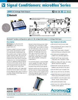 Tel 248-295-0880 ■ Fax 248-624-9234 ■ sales@acromag.com ■ www.acromag.com ■ 30765 Wixom Rd, Wixom, MI 48393 USA
Signal Conditioners: microBlox
TM
Series
Bulletin #8400-876
Description
Field Output: ±5V, ±10V, 0-5V, 0-10V
Host Input: ±5V, ±10V, 0-5V, 0-10V or
programmable ±10V
Acromag’s microBlox™ uB Series I/O modules
offer a compact, high-performance solution
for interfacing sensors and field devices with
data acquisition systems. uB signal conditioning
modules are ideal to isolate, filter, convert and
amplify a wide variety of signal types for test,
measurement and control systems. Just plug uB
modules into 4, 8, or 16-channel backpanels in
any mix for a high-density analog I/O interface.
Channel-to-channel isolation provides optimal
noise and surge protection from ground loops,
spikes, and high common mode voltages.
The uB49 model conditions a DC voltage signal
received from the host system to drive a scaled
process voltage field output signal. It functions as
an isolated, voltage-controlled voltage source to
drive field instruments.
Bluetooth wireless technology versions enable
configuration using a smart phone or tablet.
Acromag’s AgilityTM
app, available for AndroidTM
and iOS®
mobile devices, helps you vary input/
output ranges and scaling to your specific
application. The Agility app can also set an
alarm output function with a setpoint limit
and deadband. Other app functions include
polling inputs, trending values in a sharable
chart, updating calibration, and diagnostic
troubleshooting.
For cost-sensitive projects, a commercial-grade
version is available (-CG models). These units
offer similar performance, but over a limited
temperature range and lack hazloc approvals.
Backpanels provide power, I/O wiring terminals,
and host access to an industry-standard analog
signal bus. Modules are hot-swappable without
screws. Data acquisition boards can access all
host I/O signals on the DB25 bus connector.
Key Features & Benefits
■ Wide variety of input and output ranges
■ Mixes with different I/O types on compact 4, 8,
or 16 channel backpanels
■ Select fixed I/O range models or Bluetooth
wireless technology user-configurable models
■ Cost-saving commercial-grade versions
available for less demanding applications
■ Android®
and iOS®
apps simplify wireless
configuration with a smartphone or tablet
■ Mobile app configures I/O ranges, sets scaling,
calibrates and performs diagnostics
■ Optional alarm function with setpoint and
deadband control driving 0/5V host output
■ Poll and trend I/O values to sharable charts
■ High accuracy, noise immunity, and stability
■ Isolated field-to-host and channel-to-channel
(1500Vac peak, 250Vac/354Vdc continuous)
■ Over-molded I/O circuits offer superior shock,
vibration, moisture, and dust protection.
■ Wide operating temperature range
■ UL/cUL Class I, Div 2, ABCD and ATEX Zone 2
hazardous location approvals
Bluetooth®
wireless configuration option ◆ DC voltage field output ◆ Voltage field input
uB49 DC Voltage Field Output
VOLTAGE OUTPUT 0-5V/ -5V
to 5V, 0-10V/-10V to 10V, or
Program (-B Models)
OUTPUT
HOST
32-BIT
MICRO
48MHz
FIELD
F-
F+
EXC
OPT EARTH
CJC
10K
ISOLATED FIELD CHANNEL
16-BIT
DAC
E-
E+ NC
DIGITAL I/O
ISOLATION
ISOLATED
FIELD PWR
16-BIT ADC
XFMR
DRVR
INPUT
H-
H+
HOST
PWR
RANGES
±5V
(ON/OFF)
ISOLATED FIELD CHANNEL
5V
SWITCH
DIVIDE,
FILTER,
CLAMP
RL+
-
5mA
MAX
VOLTAGE
FLTR
POWER
-
+
+24V
-
+
+5V
uBDC1
OPTIONAL
OR'ing
COM
Av
RANGES
-11V to +11V
V
SET PANEL CJC SWITCH ON OR OFF FOR THIS MODEL
 
