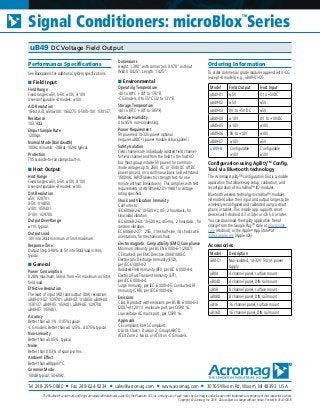 Tel 248-295-0880 ■ Fax 248-624-9234 ■ sales@acromag.com ■ www.acromag.com ■ 30765 Wixom Rd, Wixom, MI 48393 USA
Signal Conditioners: microBlox
TM
Series
uB49 DC Voltage Field Output
Performance Specifications
See Backpanels for additional system specifications.
■ Field Input
Field Range
Fixed ranges: ±5V, 0-5V, ±10V, 0-10V.
User-configurable -B models: ±10V.
A/D Resolution
16-bit A/D, ±5V/±10V: 1/60275. 0-5V/0-10V: 1/30137.
Resistance
103.1KΩ.
EInput Sample Rate
1200sps.
Normal Mode (Bandwidth)
100Hz minumin, -3dB at 102Hz typical.
Protection
TVS & diode-to-rail clamps built-in.
■ Host Output
Host Range
Fixed ranges: ±5V, 0-5V, ±10V, 0-10V.
User-configurable -B models: ±10V.
D/A Resolution
±5V: 1/29701.
0-5V: 1/14850.
±10V: 1/59401.
0-10V: 1/29700.
Output Over-Range
±11V, typical.
Output Load
10V into 2KΩ minimum or 5mA maximum.
Response Time:
Output Step 0-98% of 5V into 5KΩ load in 9ms,
typical.
■ General
Power Consumption
0.28W maximum, 56mA from +5V maximum w/ 5mA
field load.
Effective Resolution
The least of input (A/D) and output (D/A) resolution:
uB49-01/-02: 1/29701. uB49-03: 1/14850. uB49-04:
1/30137. uB49-05: 1/59401. uB49-06: 1/29700.
uB49-07: 1/59401.
Accuracy
Better than ±0.1%. 0.05% typical.
-CG models: Better than ±0.125%. 0.075% typical.
Non-Linearity
Better than ±0.05%, typical.
Noise
Better than 0.03% of span p-p rms.
Ambient Effect
Better than ±80ppm/°C.
Common Mode
100dB typical, 50-60Hz.
Dimensions
Height: 1.380” with connectors. 0.970” without
Width: 0.425”. Length: 1.425”.
■ Environmental
Operating Temperature
-40 to 80°C (-40° to 176°F).
-CG models: 0 to 55°C (32 to 131°F).
Storage Temperature
-40 to 85°C (-40° to 185°F).
Relative Humidity
0 to 95% non-condensing.
Power Requirement
5V powered.10-32V power optional
(requires uBDC-1 power module & backpanel.)
Safety Isolation
Field channels are individually isolated field channel-
to-field channel and from the field to the host I/O
bus (host group include 5V power) for common-
mode voltages up to 250V AC, or 354V DC off DC
power ground, on a continuous basis (will withstand
1500VAC HIPOT/dielectric strength test for one
minute without breakdown). This complies with test
requirements of ANSI/ISA-82.01-1988 for voltage
rating specified.
Shock and Vibration Immunity
Conforms to:
IEC 60068-2-6: 10-500 Hz, 4G, 2 hours/axis, for
sinusoidal vibration.
IEC 60068-2-64: 10-500 Hz, 4G-rms, 2 hours/axis , for
random vibration.
EC 60068-2-27: 25G, 11ms half-sine, 18 shocks at 6
orientations, for mechanical shock.
Electromagnetic Compatibility (EMC) Compliance
Minimum immunity per BS EN 61000-6-1 (2007):
CE marked, per EMC Directive 2004/108/EC.
Electrostatic Discharge Immunity (ESD),
per IEC 61000-4-2.
Radiated Field Immunity (RFI), per IEC 61000-4-4.
Electrical Fast Transient Immunity (EFT),
per IEC 61000-4-4.
Surge Immunity, per IEC 61000-4-5. Conducted RF
Immunity (CRFI), per IEC 61000-4-6.
Emissions
Class B product with emissions per BS EN 61000-6-3
(2007+A1:2011): enclosure port, per CISPR 16.
Low voltage AC mains port, per CISPR 16.
Approvals
CE compliant. RoHS Compliant.
UL/cUL Class 1, Division 2, Groups ABCD.
ATEX Zone 2. No UL or ATEX on -CG models.
Ordering Information
To order commercial grade modules append with -CG
(except -B models) e.g., uB49-01-CG.
Model Field Output Host Input
uB49-01 ±5V 0 to +5VDC
uB49-02 ±5V ±5V
uB49-03 0V to +5V DC ±5V
uB49-04 ±10V 0V to +10VDC
uB49-05 ±10V ±10V
uB49-06 0V to +10V ±10V
uB49-07 ±10V ±5V
uB49-B Configurable
±10V
Configurable
±10V
Configuration using AgilityTM
Config.
Tool via Bluetooth technology
The Acromag Agility™ configuration tool is a mobile
application that allows easy setup, calibration, and
reconfiguration of microBlox™ I/O modules.
Bluetooth wireless technolgy microBlox™ modules
(-B models) allow their input and output ranges to be
wirelessly reconfigured and calibrated using a smart
phone or tablet. This mobile app. supports smart
devices with Android 4.3 or later or iOS 5.0 or later.
You can download the Agility application free of
charge from the Google PlayTM
store at play.google.
com (Android), or the Apple®
App Store®
at
itunes.apple.com (Apple iOS).
Accessories
Model Description
uBDC1 Non-isolated, 10-32V: 5V/1A power
supply
uB04 4 channel panel, surface mount
uB04D 4 channel panel, DIN rail mount
uB08 8 channel panel, surface mount
uB08D 8 channel panel, DIN rail mount
uB16 16 channel panel, surface mount
uB16D 16 channel panel, DIN rail mount
The Bluetooth®
word mark and logos are registered trademarks owned by the Bluetooth SIG, Inc. and any use of such marks by Acromag is under license other trademarks are property of their respective owners.
Copyright © Acromag, Inc. 2016. Data subject to change without notice. Printed in USA 5/2016
 
