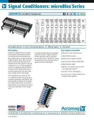 Tel 248-295-0880 ■ Fax 248-624-9234 ■ sales@acromag.com ■ www.acromag.com ■ 30765 Wixom Rd, Wixom, MI 48393 USA
Signal Conditioners: microBlox
®
Series
Bulletin #8400-888
Description
Acromag’s microBlox® uB Series I/O modules
offer a compact, high-performance solution
for interfacing sensors and field devices with
data acquisition systems. uB signal conditioning
modules are ideal to isolate, filter, convert and
amplify a wide variety of signal types for test,
measurement and control systems. Just plug uB
modules into 4, 8, or 16-channel backpanels in
any mix for a high-density analog I/O interface.
Channel-to-channel isolation provides optimal
noise and surge protection from ground loops,
spikes, and high common mode voltages.
These backpanels serve as a carrier for up to
16 microBlox I/O modules. They provide power
connections, input/output wiring terminals, and
earth grounding (host-side) for the I/O modules.
Each module slot (I/O channel) has switches to
enable Bluetooth communication (with LED) and
cold junction compensation for thermocouple
inputs.
An industry-standard analog I/O bus aggregates
all host I/O channels on a DB25 connector to
facilitate simultaneous access by high-speed
data acquisition systems. Field points are isolated
channel-to-channel and as a group to the host
analog I/O bus (host includes power).
Key Features & Benefits
■ Choice of 4, 8, and 16 channel carriers
■ Optional DIN-rail mounting
■ Bluetooth and CJC support on all slots
■ Slot for DC power converter module uBDC1
■ Redundant power capable
■ DB25 port for simultaneous access to all I/O
over a single cable connection
■ -40 to 80°C (-40 to 176°F) operation
■ UL, cUL Class I, Div 2, ABCD and ATEX Zone 2
hazardous location approvals
uB module carriers ◆ 4, 8, or 16 channel versions ◆ DIN-rail option ◆ CJC sensor
uB04/08/16 microBlox®
Backpanels
H00
H01
H02
H03
H04
H05
H06
H07
CHO CH1 CH2 CH3 CH4 CH5 CH6 CH7
BLE BLE BLE BLE BLE BLE BLE BLE
CJC CJC CJC CJC CJC CJC CJC CJC
+24V
E00
E01
E02
E03
E04
E05
E06
E07
+5V
F00
F01
F02
F03
F04
F05
F06
F07
GND
 