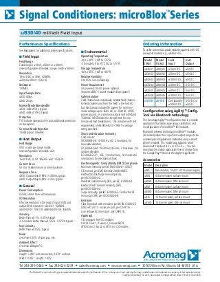Tel 248-295-0880 ■ Fax 248-624-9234 ■ sales@acromag.com ■ www.acromag.com ■ 30765 Wixom Rd, Wixom, MI 48393 USA
The Bluetooth®
word mark and logos are registered trademarks owned by the Bluetooth SIG, Inc. and any use of such marks by Acromag is under license other trademarks are property of their respective owners.
Copyright © Acromag, Inc. 2016. Data subject to change without notice. Printed in USA 5/2016
Signal Conditioners: microBlox
TM
Series
uB30/40 milliVolt Field Input
Performance Specifications
See Backpanels for additional system specifications.
■ Field Input
Field Range
Fixed ranges: ±10mV, ±50mV or ±100mV.
User-configurable -B models: ranges inside ±100mV.
Resolution
16-bit ADC, ±10mV: 1/28894.
±50mV/±100mV: 1/36118.
Resistance
100MΩ.
Input Sample Rate
uB30: 40sps.
uB40: 2Ksps.
Normal Mode (Bandwidth)
uB30: -3dB at 5Hz, typical.
uB40: -3dB at 1KHz, typical.
Protection
TVS & diode clamps built-in plus additional protection
on back-panel.
Common Mode Rejection
103dB typical, 50-60Hz.
■ Host Output
Host Range
0-5V or ±5V per range model.
User-configurable -B models: ±5V.
Resolution
16-bit DAC. 0-5V: 1/26305. ±5V: 1/52610.
Current Drive
5V into 1KΩ minimum or 5mA maximum.
Response Time
uB30: Output step 0-98% in 300ms, typical.
uB40: Output step 0-98% in 2ms, typical.
■ General
Power Consumption
0.25W, 50mA from +5V maximum.
I/O Resolution
Effective resolution is the least of input (A/D) and
output (D/A) resolution: uBx0-01: 1/28894.
uBx0-02/-03: 1/36118. uBx0-04/-05/-06: 1/26305.
Accuracy
Better than ±0.1%. 0.05% typical.
-CG models: Better than ±0.125%. 0.075% typical.
Non-Linearity
Better than ±0.05%, typical.
Noise
Less than 0.03% of span p-p, rms.
Ambient Effect
Less than ±80ppm/°C.
Dimensions
Height: 1.380” with connectors, 0.970” without.
Width: 0.425”. Length: 1.425”.
■ Environmental
Operating Temperature
-40 to 80°C (-40° to 176°F).
-CG models: 0 to 55°C (32 to 131°F).
Storage Temperature
-40 to 85°C (-40° to 185°F).
Relative Humidity
0 to 95% non-condensing.
Power Requirement
5V powered,10-32V power optional
(requires uBDC-1 power module & backpanel.)
Safety Isolation
Field channels are individually isolated field channel-
to-field channel and from the field to the host I/O
bus (host group includes 5V power) for common-
mode voltages up to 250V AC, or 354V DC off DC
power ground, on a continuous basis (will withstand
1500VAC HIPOT/dielectric strength test for one
minute without breakdown). This complies with test
requirements of ANSI/ISA-82.01-1988 for voltage
rating specified.
Shock and Vibration Immunity
Conforms to:
IEC 60068-2-6: 10-500 Hz, 4G, 2 hours/axis, for
sinusoidal vibration.
IEC 60068-2-64: 10-500 Hz, 4G-rms, 2 hours/axis , for
random vibration.
EC 60068-2-27: 25G, 11ms half-sine, 18 shocks at 6
orientations, for mechanical shock.
Electromagnetic Compatibility (EMC) Compliance
Minimum immunity per BS EN 61000-6-1 (2007):
CE marked, per EMC Directive 2004/108/EC.
Electrostatic Discharge Immunity (ESD),
per IEC 61000-4-2.
Radiated Field Immunity (RFI), per IEC 61000-4-4.
Electrical Fast Transient Immunity (EFT),
per IEC 61000-4-4.
Surge Immunity, per IEC 61000-4-5. Conducted RF
Immunity (CRFI), per IEC 61000-4-6.
Emissions
Class B product with emissions per BS EN 61000-6-3
(2007+A1:2011): enclosure port, per CISPR 16.
Low voltage AC mains port, per CISPR 16.
Approvals
CE compliant. RoHS Compliant.
UL/cUL Class 1, Division 2, Groups ABCD.
ATEX Zone 2. No UL or ATEX on -CG models.
Ordering Information
To order commercial grade modules append with -CG
(except -B models) e.g., uB30-01-CG.
Model
(5Hz)
Model
(1KHz)
Field
Input
Host
Output
uB30-01 uB40-01 ±10mV DC ±5V DC
uB30-02 uB40-02 ±50mV DC ±5V DC
uB30-03 uB40-03 ±100mV DC ±5V DC
uB30-04 uB40-04 ±10mV DC 0-5V DC
uB30-05 uB40-05 ±50mV DC 0-5V DC
uB30-06 uB40-06 ±100mV DC 0-5V DC
uB30-B uB40-B Configurable
±100mV DC
0-5V DC or
±5V DC
Configuration using AgilityTM
Config.
Tool via Bluetooth technology
The Acromag Agility™ configuration tool is a mobile
application that allows easy setup, calibration, and
reconfiguration of microBlox™ I/O modules.
Bluetooth wireless technolgy microBlox™ modules
(-B models) allow their input and output ranges to be
wirelessly reconfigured and calibrated using a smart
phone or tablet. This mobile app supports smart
devices with Android 4.3 + or iOS 5.0 +. You can
download the Agility application free of charge from
the Google PlayTM
store or the Apple®
App Store®
.
Accessories
Model Description
uBDC-1 Non-isolated, 10-32V: 5V/1A power supply
uB04 4 channel panel, surface mount
uB04D 4 channel panel, DIN rail mount
uB08 8 channel panel, surface mount
uB08D 8 channel panel, DIN rail mount
uB16 16 channel panel, surface mount
uB16D 16 channel panel, DIN rail mount
 