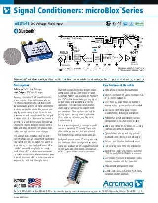 Tel 248-295-0880 ■ Fax 248-624-9234 ■ sales@acromag.com ■ www.acromag.com ■ 30765 Wixom Rd, Wixom, MI 48393 USA
Signal Conditioners: microBlox
TM
Series
Bulletin #8400-866
Description
Field Input: ±1V to ±60V ranges
Host Output: 0-5V or ±5V ranges
Acromag’s microBlox™ uB Series I/O modules
offer a compact, high-performance solution
for interfacing sensors and field devices with
data acquisition systems. uB signal conditioning
modules are ideal to isolate, filter, convert and
amplify a wide variety of signal types for test,
measurement and control systems. Just plug uB
modules into 4, 8, or 16-channel backpanels in
any mix for a high-density analog I/O interface.
Channel-to-channel isolation provides optimal
noise and surge protection from ground loops,
spikes, and high common mode voltages
The uB31 and uB41 models condition and
convert a high-level DC voltage field input signal
to a scaled 0-5V or ±5V output. The uB31 has
more filtering for low-band applications, while
the uB41 relaxes filtering for higher speed
applications. uB31 modules are recommended
for noisier environments where conversion speed
is less of a concern. uB41 modules drive a faster
response, but with less filtering for noise.
Bluetooth wireless technology versions enable
configuration using a smart phone or tablet.
Acromag’s AgilityTM
app, available for AndroidTM
and iOS®
mobile devices, helps you vary input/
output ranges and scaling to your specific
application. The Agility app. can also set an
alarm output function with a setpoint limit
and deadband. Other app functions include
polling inputs, trending values in a sharable
chart, updating calibration, and diagnostic
troubleshooting.
For cost-sensitive projects, a commercial-grade
version is available (-CG models). These units
offer similar performance, but over a limited
temperature range and lack hazloc approvals.
Backpanels provide power, I/O wiring terminals,
and host access to an industry-standard analog
signal bus. Modules are hot-swappable without
screws. Data acquisition boards can access all
host I/O signals on the DB25 bus connector.
Key Features & Benefits
■ Wide variety of input and output ranges
■ Mixes with different I/O types on compact 4, 8,
or 16 channel backpanels
■ Select fixed I/O range models or Bluetooth
wireless technology user-configurable models
■ Cost-saving commercial-grade versions
available for less demanding applications
■ Android® and iOS® apps simplify wireless
configuration with a smartphone or tablet
■ Mobile app configures I/O ranges, sets scaling,
calibrates and performs diagnostics
■ Optional alarm function with setpoint and
deadband control driving 0/5V host output
■ Poll and trend I/O values to sharable charts
■ High accuracy, noise immunity, and stability
■ Isolated field-to-host and channel-to-channel
(1500Vac peak, 250Vac/354Vdc continuous)
■ Over-molded I/O circuits offer superior shock,
vibration, moisture, and dust protection.
■ Wide operating temperature range
■ UL/cUL Class I, Div 2, ABCD and ATEX Zone 2
hazardous location approvals
Bluetooth®
wireless configuration option ◆ Narrow or wide band voltage field input ◆ Host voltage output
uB31/41 DC Voltage Field Input
INPUT
HOST
32-BIT
MICRO
FIELD
F-
F+
± 6.2V
EXC
OPT EARTH
CJC
10K
TERMINAL BLOCKS, CJC SWITCH, &
OPTIONAL uBDC1 ON BACK-PANEL
ISOLATED FIELD CHANNEL
16-BIT ADC
E-
E+ NC
DIGITAL I/O
ISOLATION
ISOLATED
FIELD PWR
16-BIT DAC
XFMR
DRVR POWER
-
+
+24V
-
+
+5V
uBDC1
OPTIONALOR'ing
OUTPUT
H-
H+Av
HOST
PWR
RANGES
-5V to +5V
(ON/OFF)
ISOLATED FIELD CHANNEL
VOLTAGE
5V
SWITCH
DIVIDE,
FILTER,
CLAMP
 