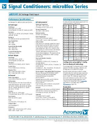 Tel 248-295-0880 ■ Fax 248-624-9234 ■ sales@acromag.com ■ www.acromag.com ■ 30765 Wixom Rd, Wixom, MI 48393 USA
Signal Conditioners: microBlox
TM
Series
uB31/41 DC Voltage Field Input
Performance Specifications
See Backpanels for additional system specifications.
■ Field Input
Field Range
Fixed ranges: ±1V to ±60V.
User-configurable -B models: DC ranges up to ±60V.
Resolution
16-bit ADC ±1V: 1/27395. ±5V/±10V/±20V: 1/34244.
±40V/±60: 1/51366.
Resistance
203.32KΩ (via resistive input divider x0.0163).
Input Sample Rate
uB31: 40sps.
uB41: 2000sps.
Normal Mode (Bandwidth)
uB31: -3dB at 4Hz.
uB41: -3dB at 1KHz.
Common Mode Rejection
103dB typical, 50-60Hz.
■ Host Output
Host Range
Fixed ranges: 0-5V or ±5V DC.
User-configurable -B models: ±5V.
Resolution
16-bit DAC, 0-5V: 1/26305. ±5VDC: 1/52610.
Current Drive.
5V into 1KΩ minimum or 5mA max.
Response Time.
uB31: Output Step 0-98% in 200ms.
uB41: Output step 0-98% in 2ms.
■ General
Power Consumption
Up to 0.25W, or 50mA max. from 5V.
I/O Resolution
Effective resolution is the least of input (A/D) and
output (D/A) resolution: uBx1-01/-04: 1/27395.
uBx1-02/-03: 1/34244. uBx1-04/-05/-06: 1/26305.
uBx1-07: 1/34244. uBx1-08/-10/-13: 1/26305.
uBx1-09/-12: 1/51366.
Accuracy
Better than ±0.1%. 0.05% typical.
-CG models: Better than ±0.125%. 0.075% typical.
Non-Linearity
Better than ±0.05%, typical.
Noise
Less than 0.03% of 10V span p-p rms.
Ambient Effect
Less than ±80ppm/°C.
Dimensions
Height: 1.380” with connectors, 0.970” without.
Width: 0.425”. Length: 1.425”.
■ Environmental
Operating Temperature
-40 to 80°C (-40° to 176°F).
-CG models: 0 to 55°C (32 to 131°F).
Storage Temperature
-40 to 85°C (-40° to 185°F).
Relative Humidity
0 to 95% non-condensing.
Power Requirement
5V powered.10-32V power optional
(requires uBDC-1 power module & backpanel.)
Safety Isolation
Field channels are individually isolated field channel-
to-field channel and from the field to the host I/O
bus (host group includes 5V power) for common-
mode voltages up to 250V AC, or 354V DC off DC
power ground, on a continuous basis (will withstand
1500VAC HIPOT/dielectric strength test for one
minute without breakdown). This complies with test
requirements of ANSI/ISA-82.01-1988 for voltage
rating specified.
Shock and Vibration Immunity
Conforms to:
IEC 60068-2-6: 10-500 Hz, 4G, 2 hours/axis, for
sinusoidal vibration.
IEC 60068-2-64: 10-500 Hz, 4G-rms, 2 hours/axis , for
random vibration.
EC 60068-2-27: 25G, 11ms half-sine, 18 shocks at 6
orientations, for mechanical shock.
Electromagnetic Compatibility (EMC) Compliance
Minimum immunity per BS EN 61000-6-1 (2007):
CE marked, per EMC Directive 2004/108/EC.
Electrostatic Discharge Immunity (ESD),
per IEC 61000-4-2.
Radiated Field Immunity (RFI), per IEC 61000-4-4.
Electrical Fast Transient Immunity (EFT),
per IEC 61000-4-4.
Surge Immunity, per IEC 61000-4-5. Conducted RF
Immunity (CRFI), per IEC 61000-4-6.
Emissions
Class B product with emissions per BS EN 61000-6-3
(2007+A1:2011): enclosure port, per CISPR 16.
Low voltage AC mains port, per CISPR 16.
Approvals
CE compliant. RoHS Compliant.
UL/cUL Class 1, Division 2, Groups ABCD.
ATEX Zone 2. No UL or ATEX on -CG models.
Ordering Information
To order commercial grade modules append with -CG
(except -B models) e.g., uB31-01-CG.
Model
(4Hz)
Model
(1KHz)
Field
Input
Host
Output
uB31-01 uB41-01 -1V to +1V ±5V
uB31-02 uB41-02 -5V to +5V ±5V
uB31-03 uB41-03 -10V to +10V ±5V
uB31-04 uB41-04 -1V to +1V 0 to +5V
uB31-05 uB41-05 -5V to +5V 0 to +5V
uB31-06 uB41-06 -10V to +10V 0 to +5V
uB31-07 uB41-07 -20V to +20V ±5V
uB31-08 uB41-08 -20V to +20V 0 to +5V
uB31-09 uB41-09 -40V to +40V ±5V
uB31-10 uB41-10 -40V to +40V 0 to +5V
uB31-12 uB41-12 -60V to +60V ±5V
uB31-13 uB41-13 -60V to +60V 0 to +5V
uB31-B uB41-B Config. ±1V
to ±60V DC
Config. ±5V
Configuration using AgilityTM
Config.
Tool via Bluetooth technology
The Acromag Agility™ configuration tool is a mobile
application that allows easy setup, calibration, and
reconfiguration of microBlox™ I/O modules.
Bluetooth wireless technolgy microBlox™ modules
(-B models) allow their input and output ranges to be
wirelessly reconfigured and calibrated using a smart
phone or tablet. This mobile app. supports smart
devices with Android 4.3 or later or iOS 5.0 or later.
You can download the Agility application free of
charge from the Google PlayTM
store at play.google.
com (Android), or the Apple®
App. Store®
at
itunes.apple.com (Apple iOS).
Accessories
Model Description
uBDC1 10-32V, non-isolated: 5V/1A power supply
uB04 4 channel panel, surface mount
uB04D 4 channel panel, DIN rail mount
uB08 8 channel panel, surface mount
uB08D 8 channel panel, DIN rail mount
uB16 16 channel panel, surface mount
uB16D 16 channel panel, DIN rail mount
The Bluetooth®
word mark and logos are registered trademarks owned by the Bluetooth SIG, Inc. and any use of such marks by Acromag is under license other trademarks are property of their respective owners.
Copyright © Acromag, Inc. 2016. Data subject to change without notice. Printed in USA 5/2016
 
